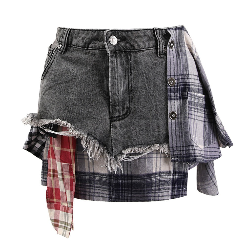 Harajuku Style Irregular Plaid Denim Skirt for Women