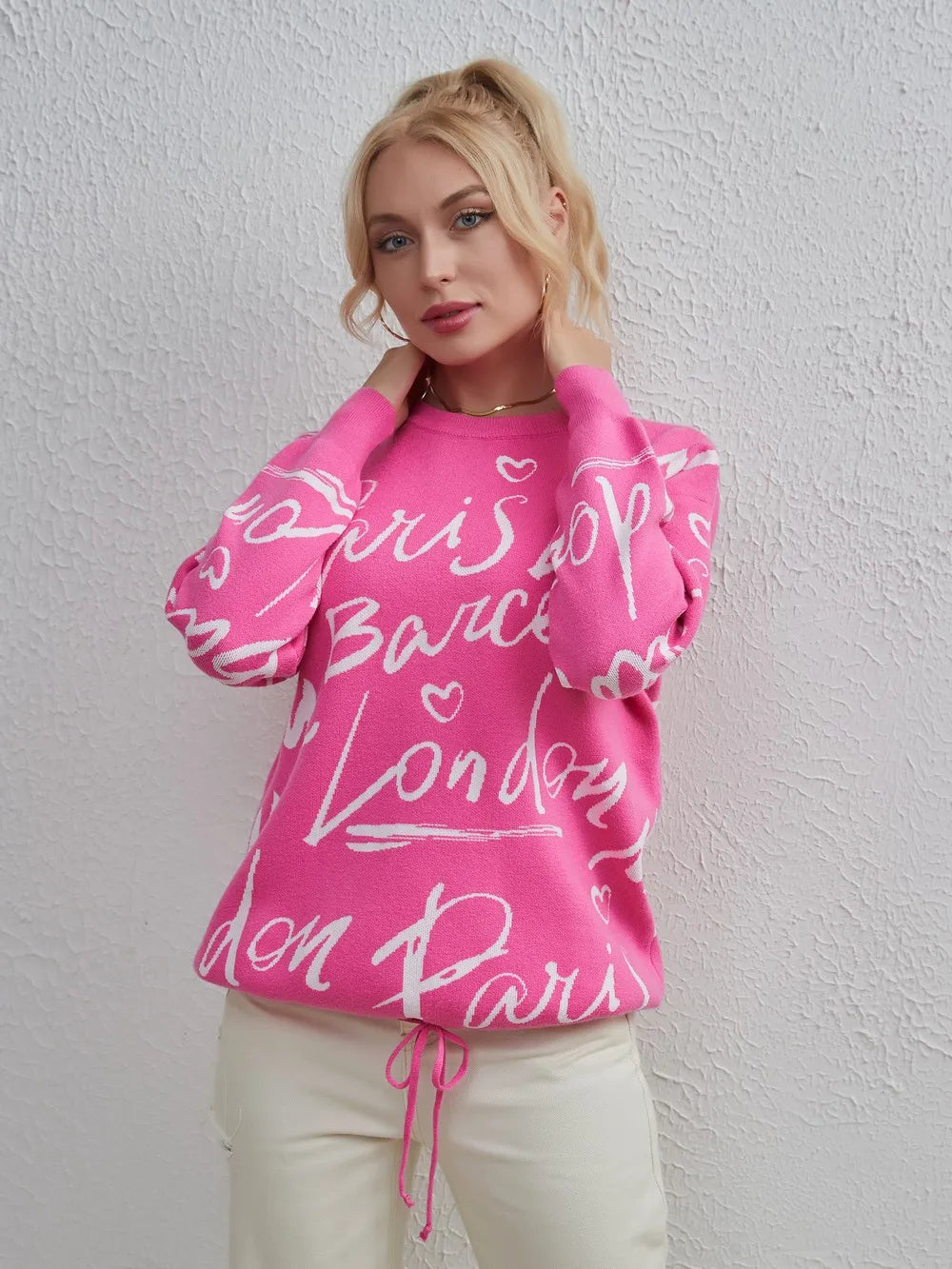 Drawstring Hem Letter Pattern Sweater