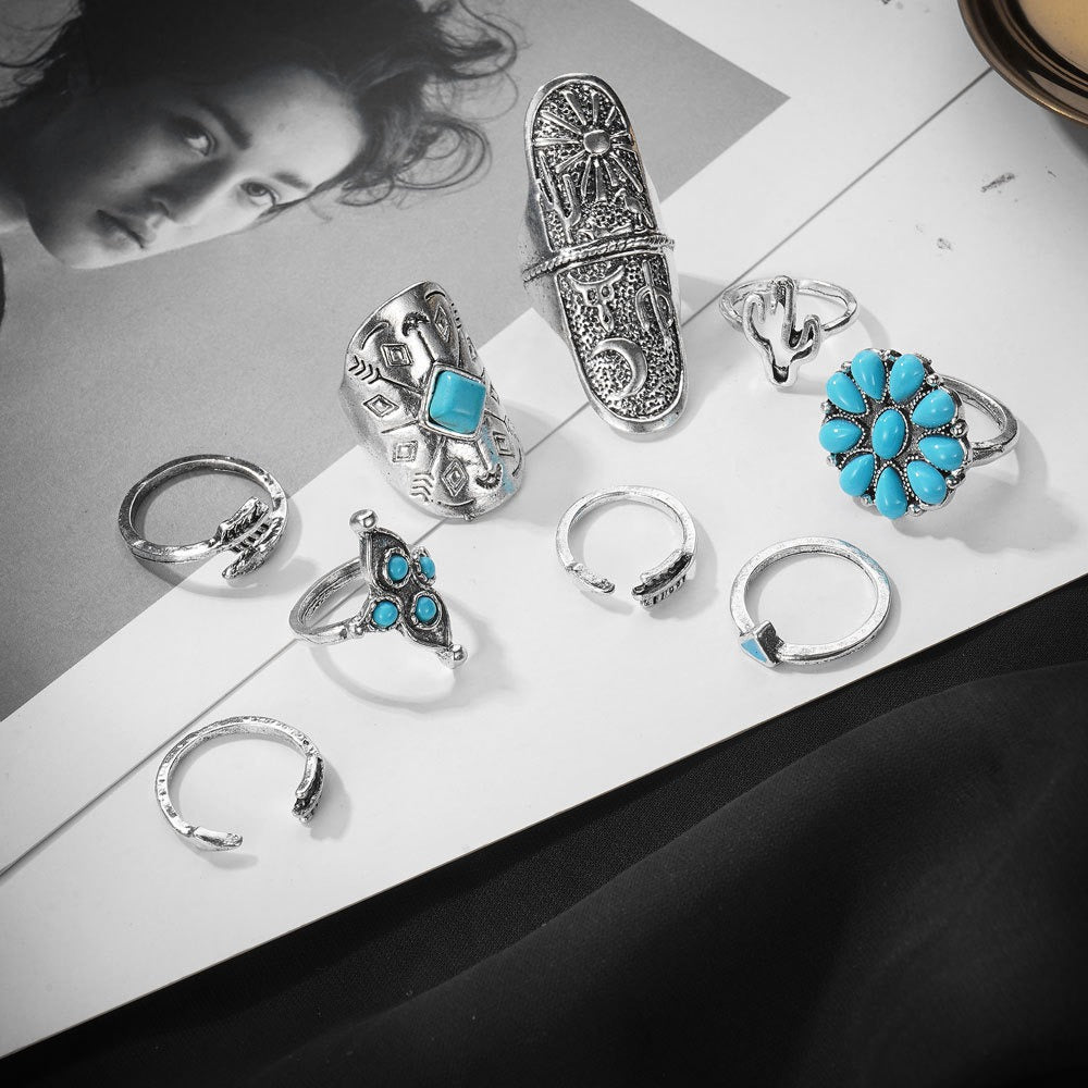 Retro Carved Sapphire 9-Piece Ring Set