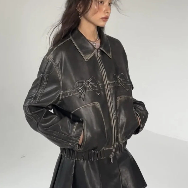 Harajuku Style Women's Bow PU Motorcycle Leather Jacket