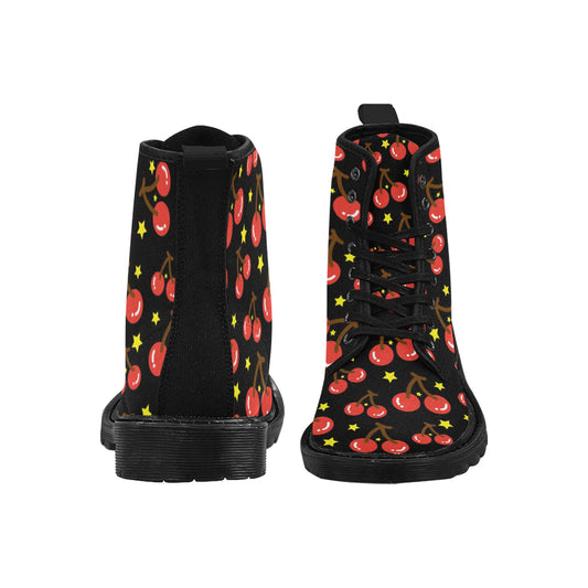 Cherries on Black Background Women's Lace Up Canvas Boots