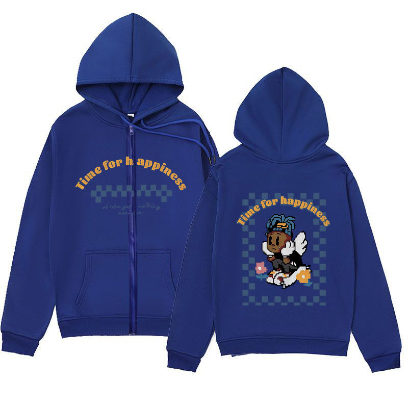 Playful Melancholic Child Print Zip-Up Hoodie