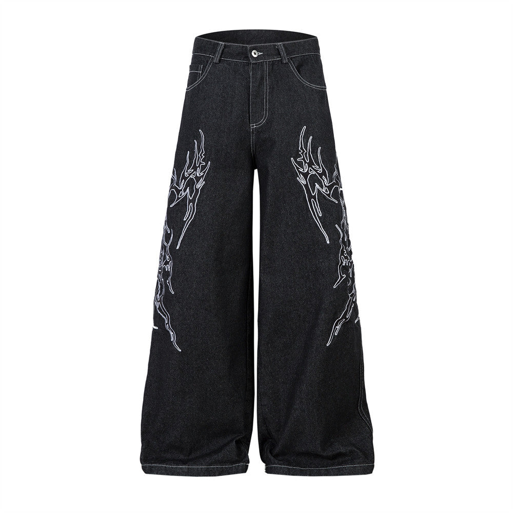 Harajuku Style Thorns Embroidery Wide Leg Denim Trousers