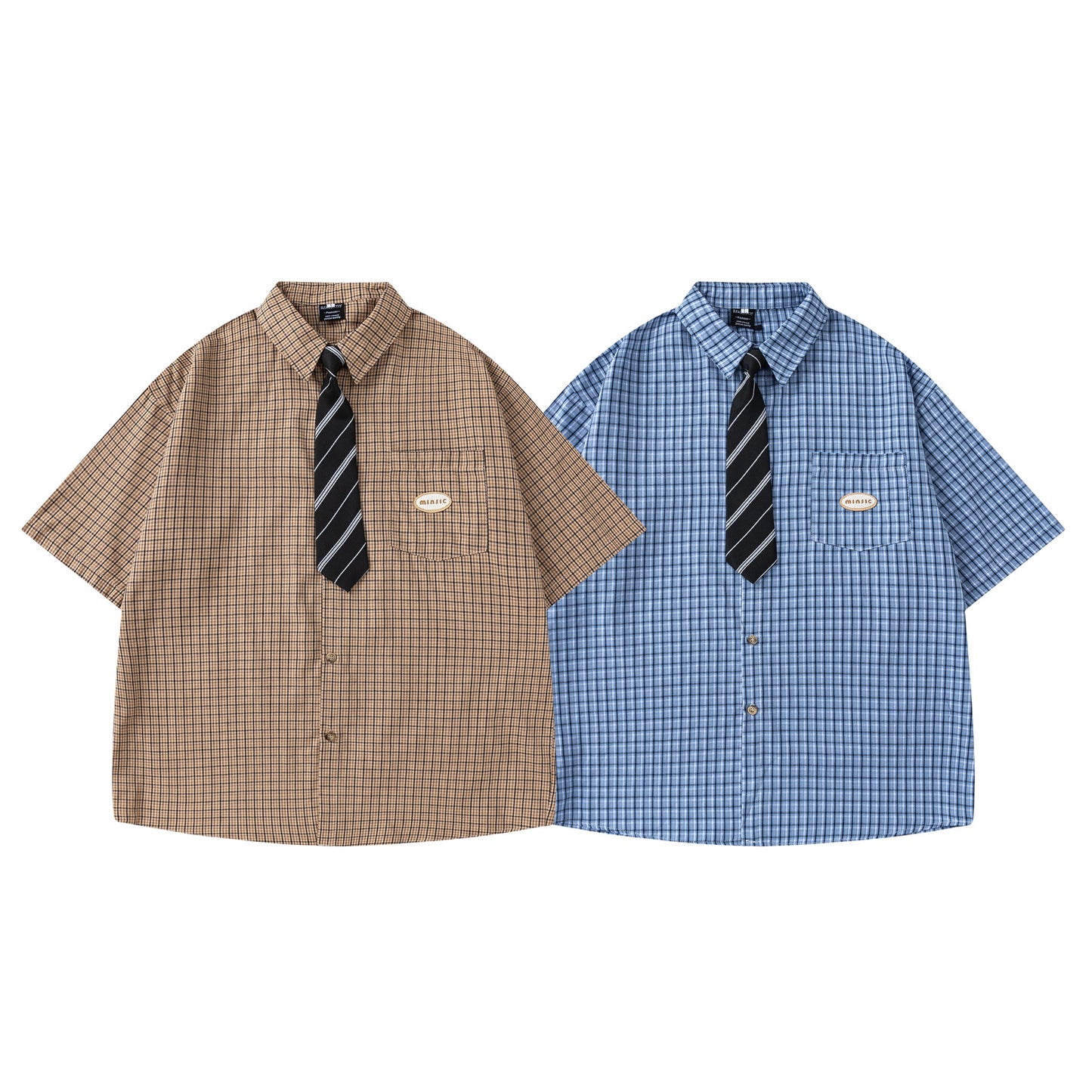 Retro Plaid Tie Collar Short Sleeve Shirt - Unisex