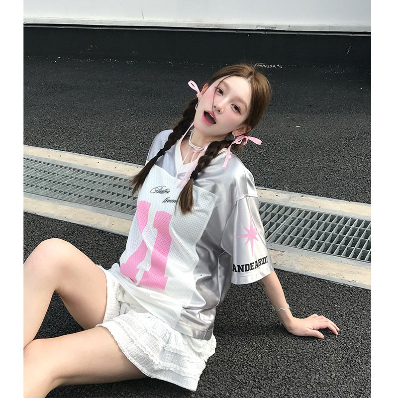 Harajuku Style Satin V-Neck Jersey T-Shirt for Women