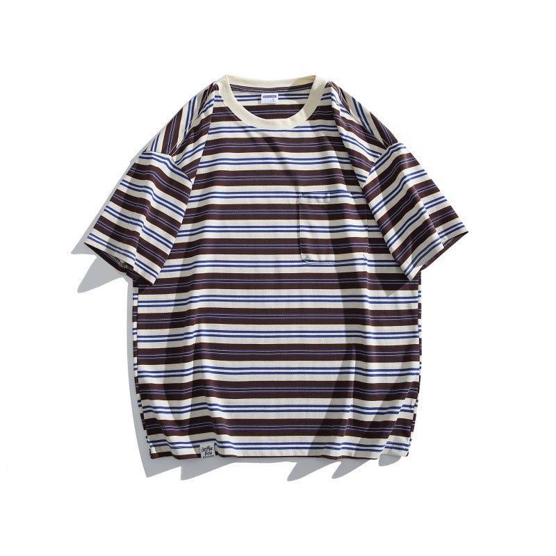 Harajuku Style Color Blocked Striped Half Sleeve Shirt
