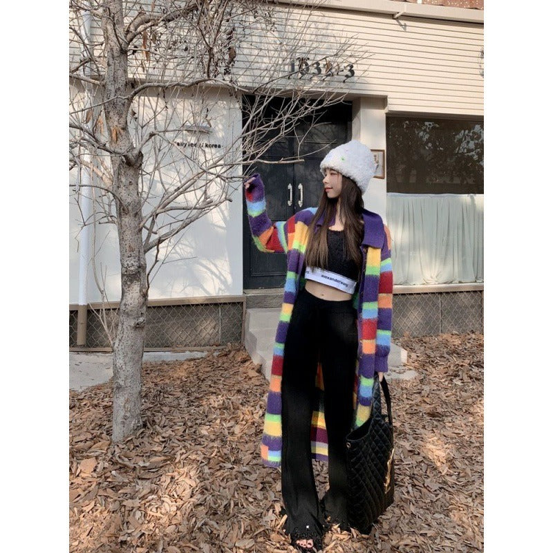 Rainbow Striped Sweater Coat for Women - Autumn & Winter