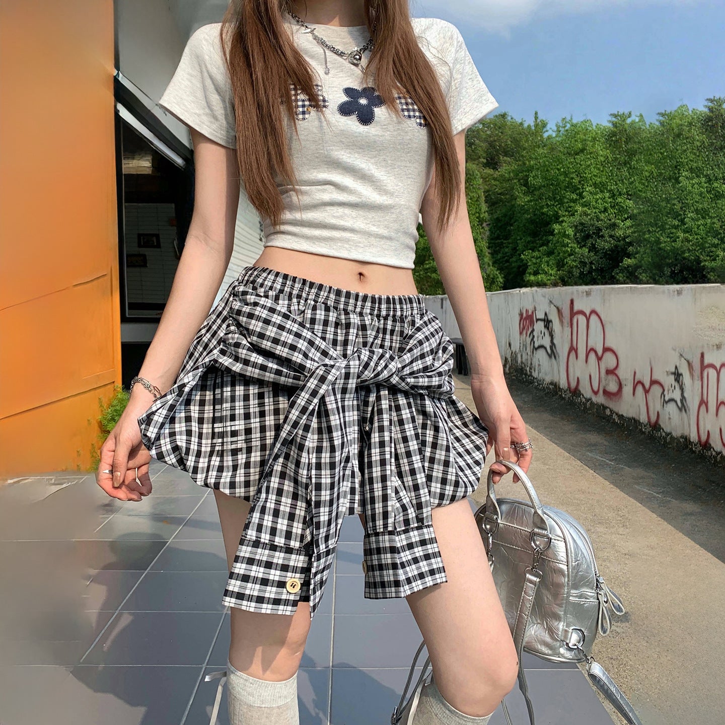 Plaid Bubble Skirt Women's Short Pleated Skirt with Puffy Design
