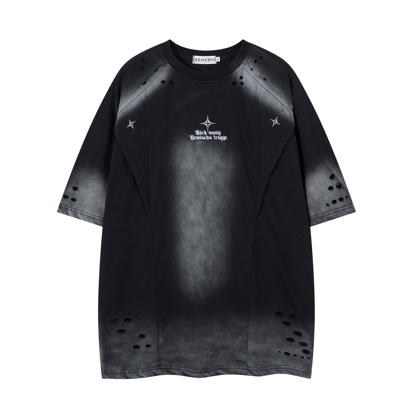 Harajuku Style Washed Hole Letter Embroidery Tee