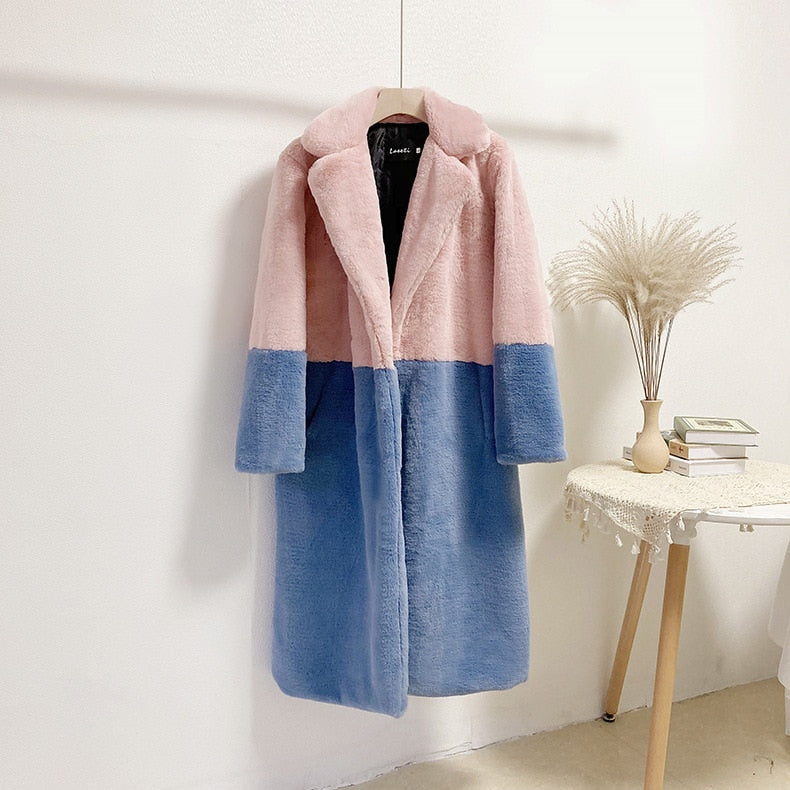 Mid-Length Mink Velvet Faux Fur Coat with Furry Collar