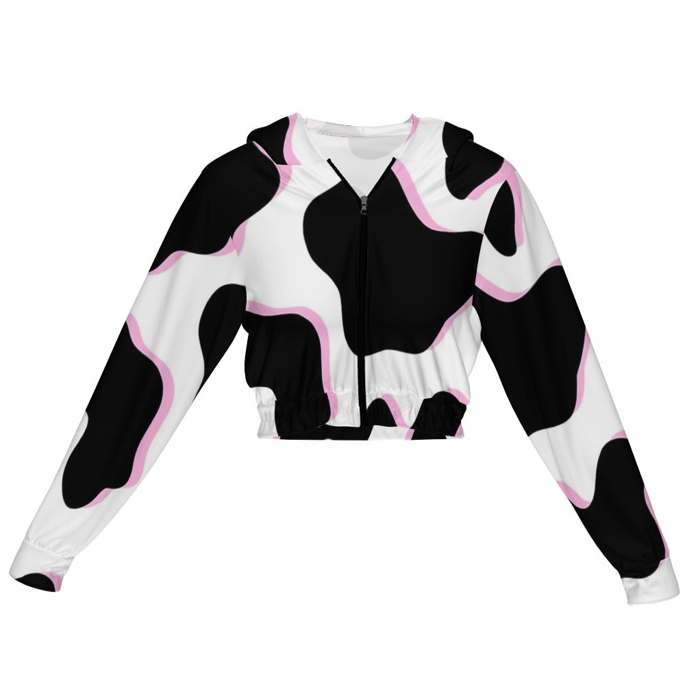 Black and Pink Cow Pattern Women's Chiffon Cropped Jacket Zipper Hoodie
