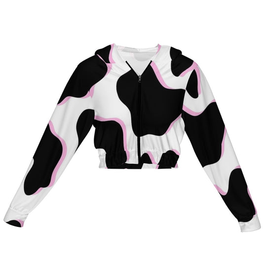 Black and Pink Cow Pattern Women's Chiffon Cropped Jacket Zipper Hoodie