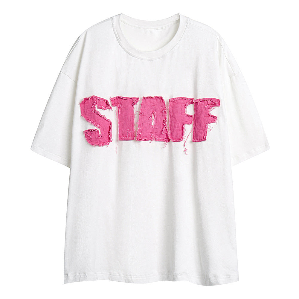 Alphabet Denim Patch Short Sleeve T-Shirt for Men