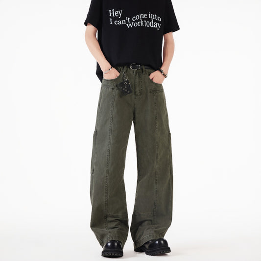 Casual Wide Leg Denim Jeans in Military Green & Ash Gray