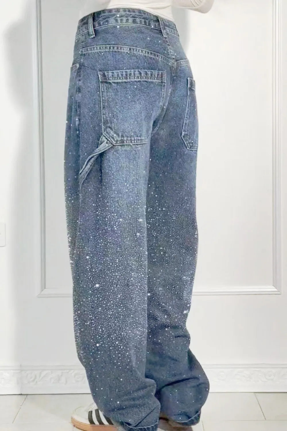 Plus Size Washed Rhinestone Detail Wide Leg Jeans
