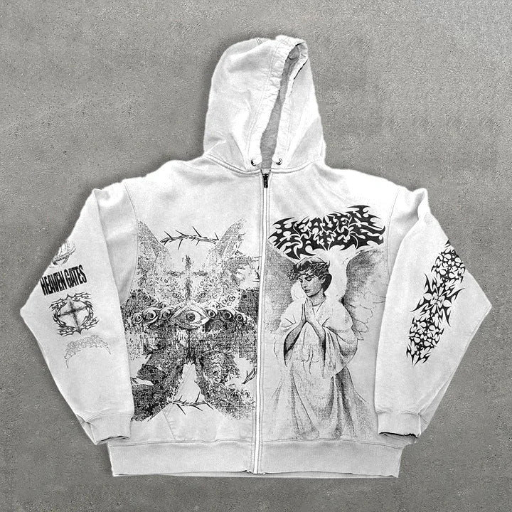 Angel Print Hooded Hoodie with Zipper Loose Fit Y2K