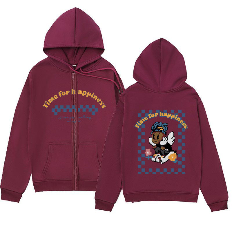 Playful Melancholic Child Print Zip-Up Hoodie