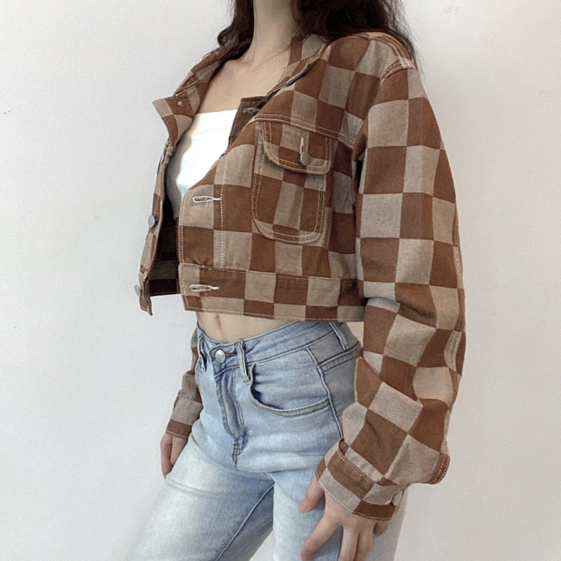 Vintage Brown Plaid Denim Jacket for Women