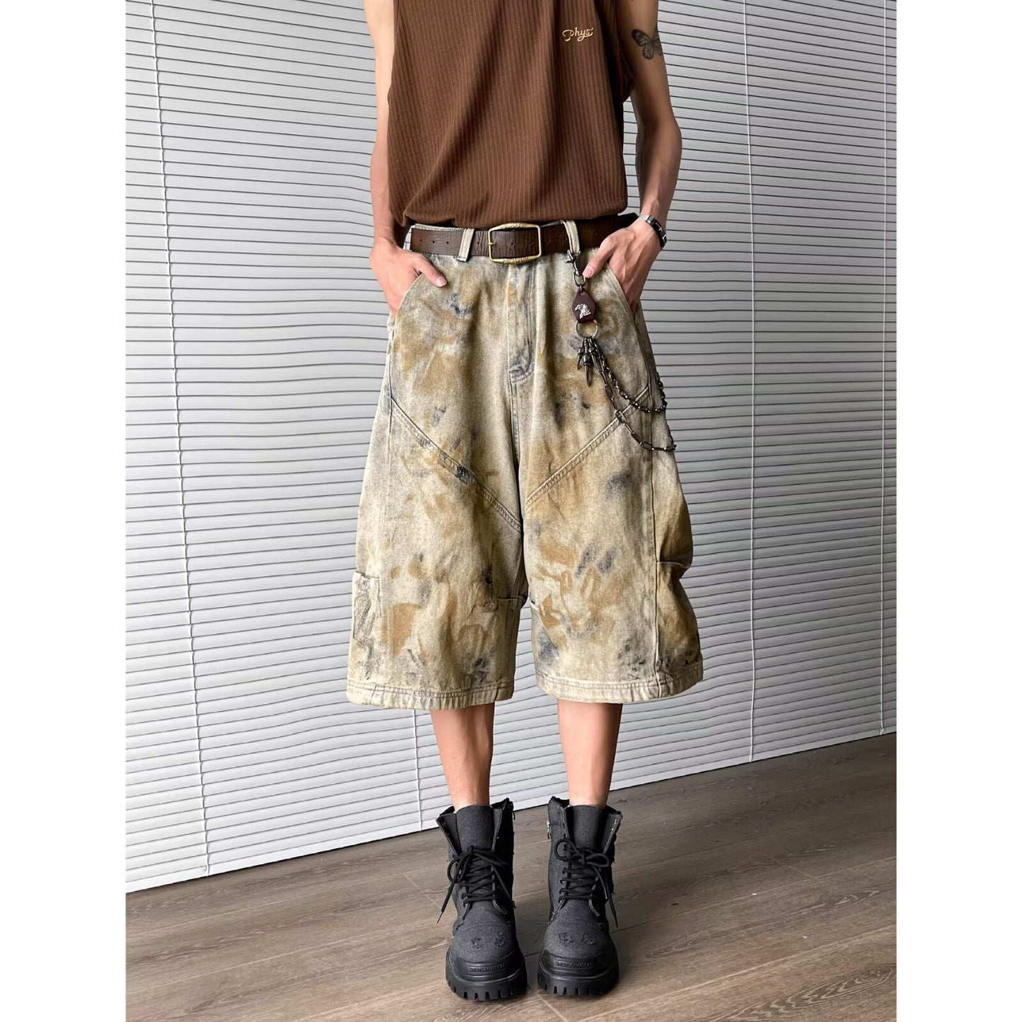 Wash Dirty Dyed Denim Wide Leg Cropped Pants