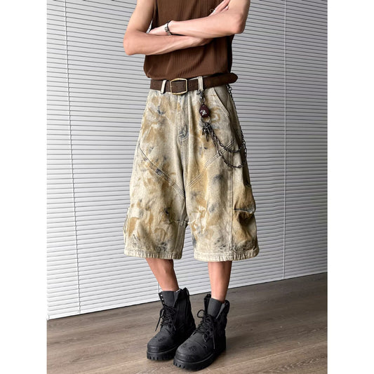 Wash Dirty Dyed Denim Wide Leg Cropped Pants