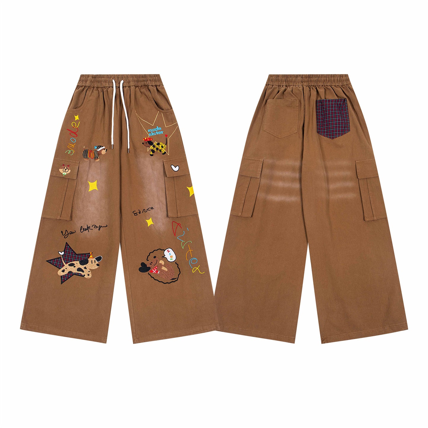 Retro Washed Dog Embroidered Denim Pants - Unisex
