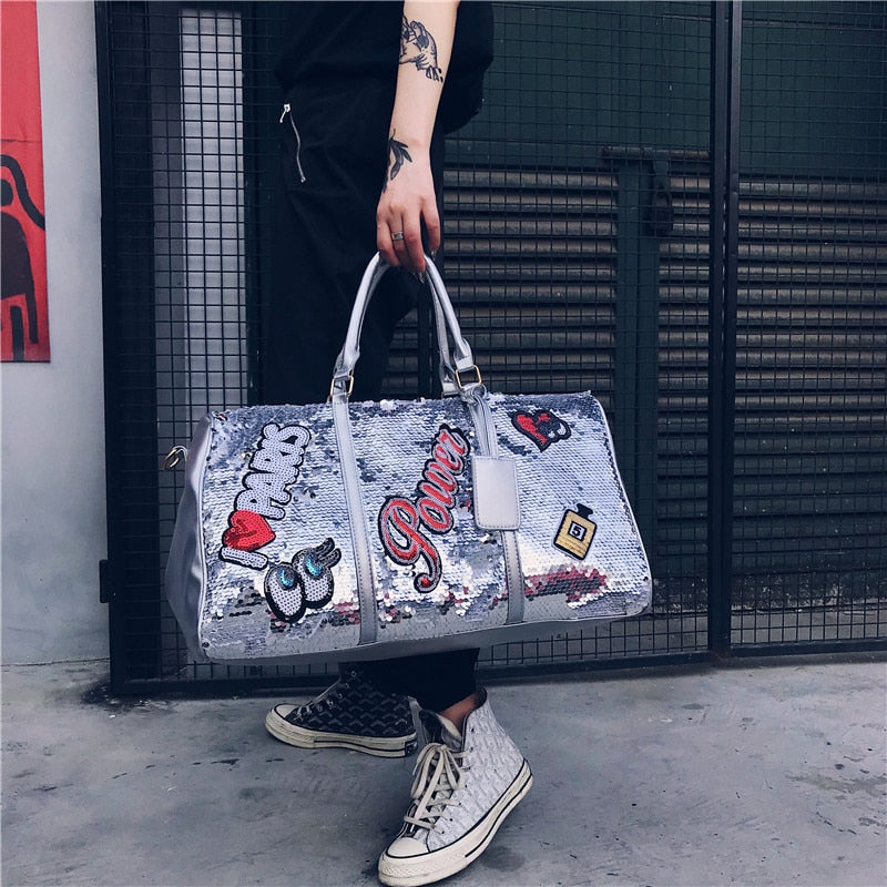 Playful Pink Sequin Duffle Bag – Trendy Travel Companion