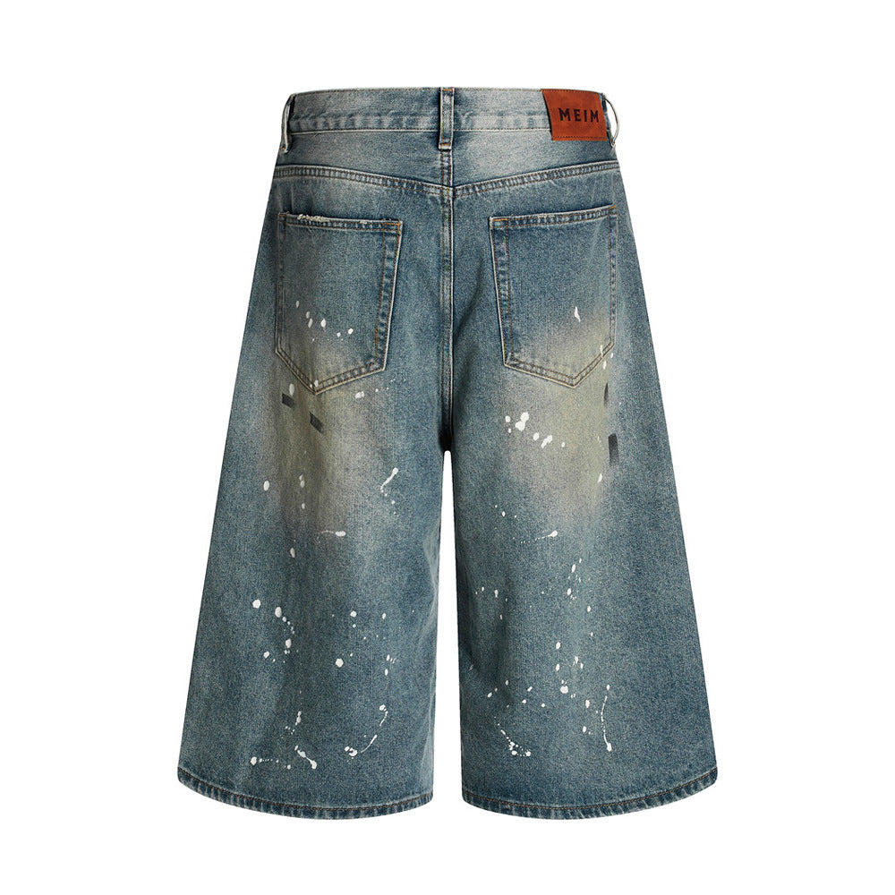 Heavy-Duty Splatter Paint Denim Three-Quarter Pants