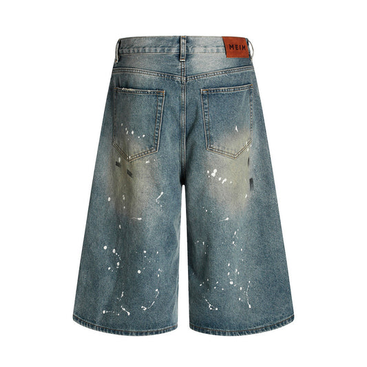 Heavy-Duty Splatter Paint Denim Three-Quarter Pants