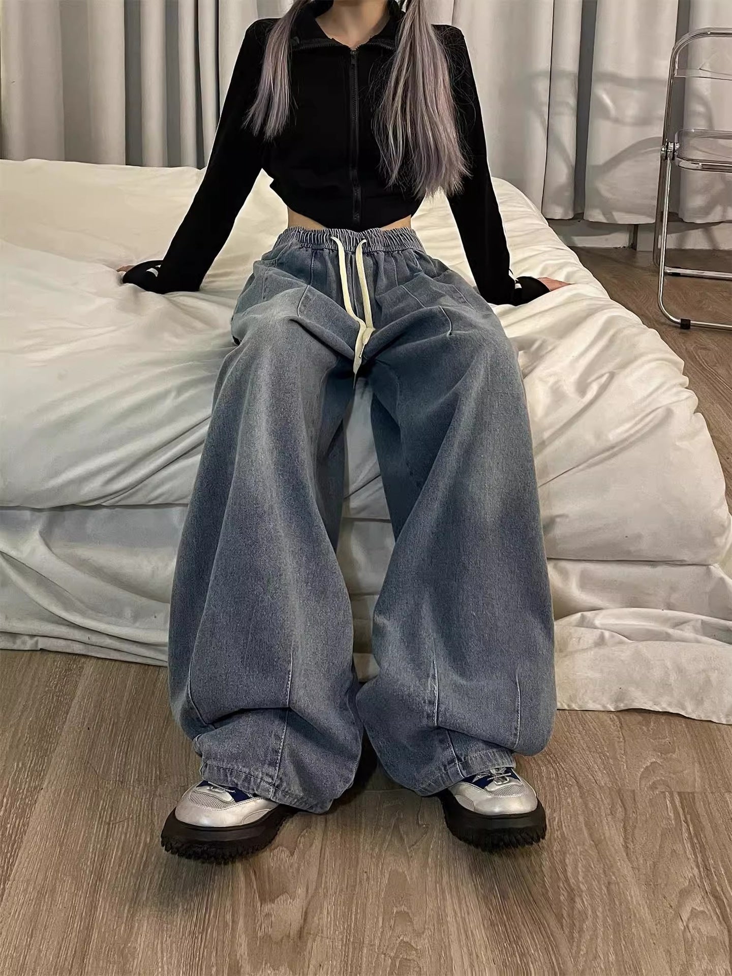 Playful Vintage Baggy Jeans for Women - Elastic Waist Oversized Denim