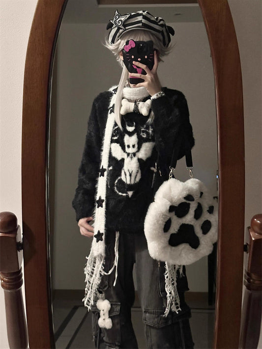 V-neck Loose Black Round Neck Sweater