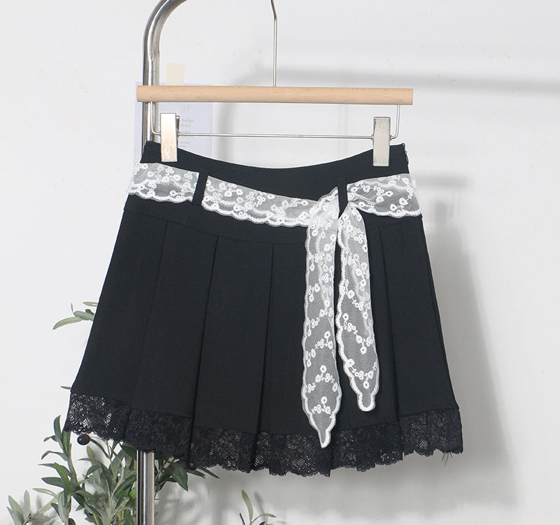 Solid Color Pleated Skirt with Lace Belt for Women