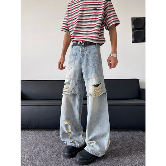 Washed Ripped Denim Wide Leg Pants