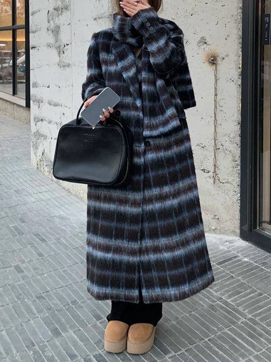 Harajuku Plaid Spliced Woolen Coat for Women