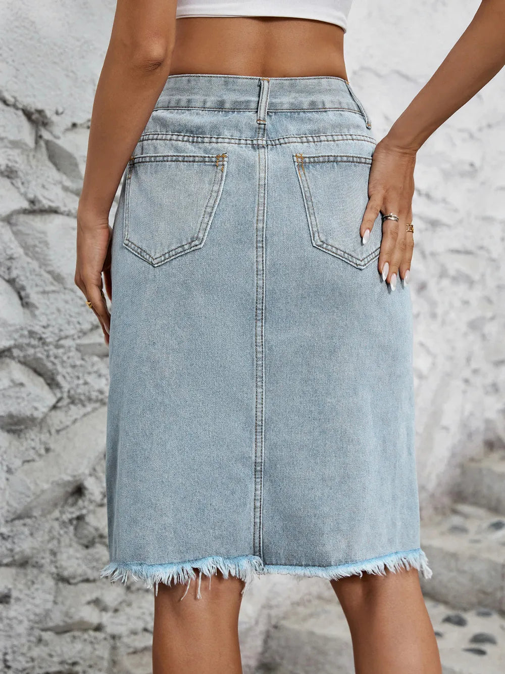 Trendy Raw Hem Slit Denim Skirt - Harajuku Style