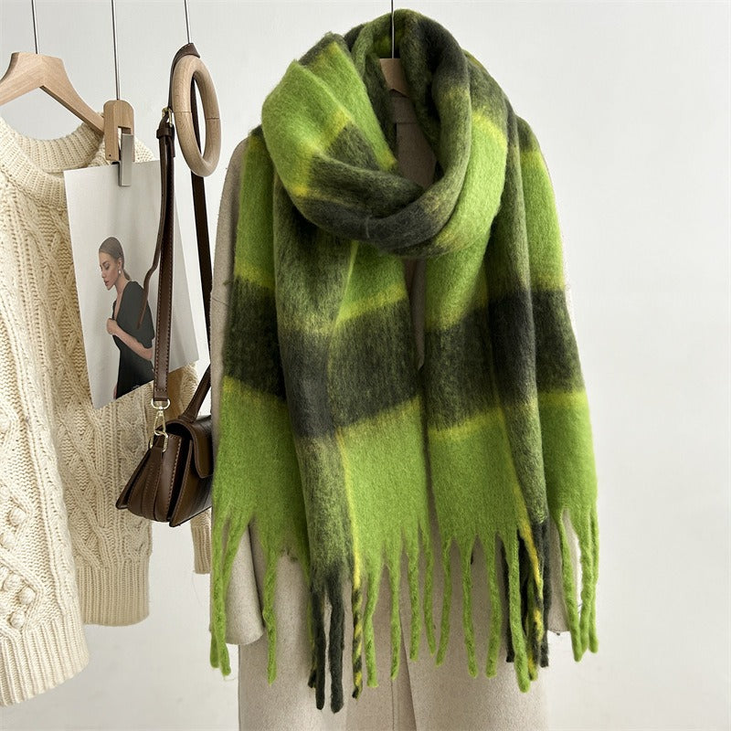 Harajuku-Inspired Mohair Plaid Scarf with Tassels