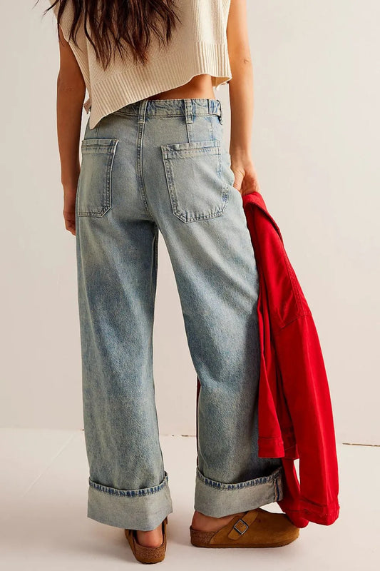 Playful Washed Wide Leg Jeans with Pockets