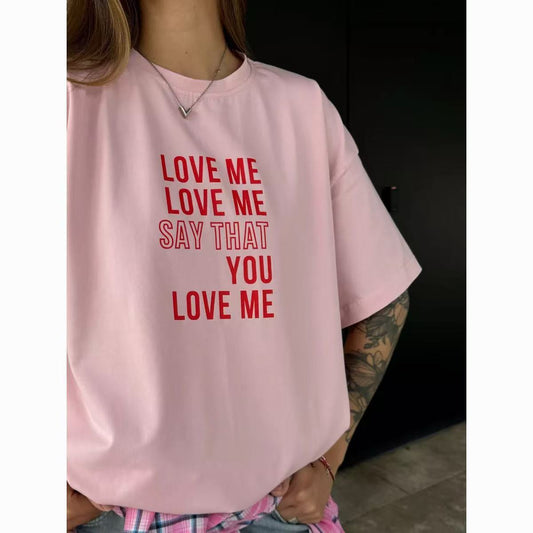 Harajuku Round Neck Short Sleeve T-Shirt for Women — Pink Cotton Loose Fit Harajuku Style