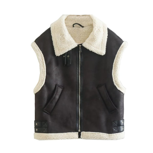 Harajuku Style Women's Thick Warm Leather Wool Lapel Vest