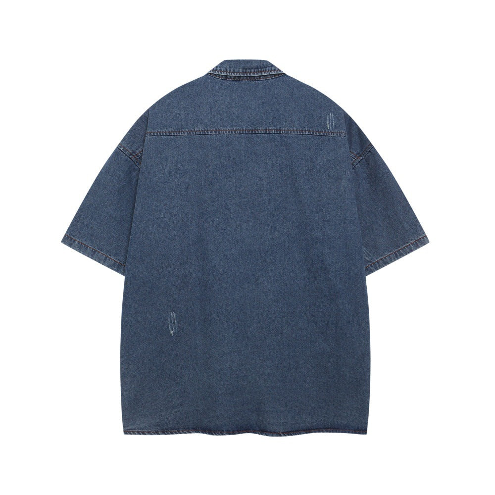 Faded Letter Print Denim Shirt - Retro Harajuku Style