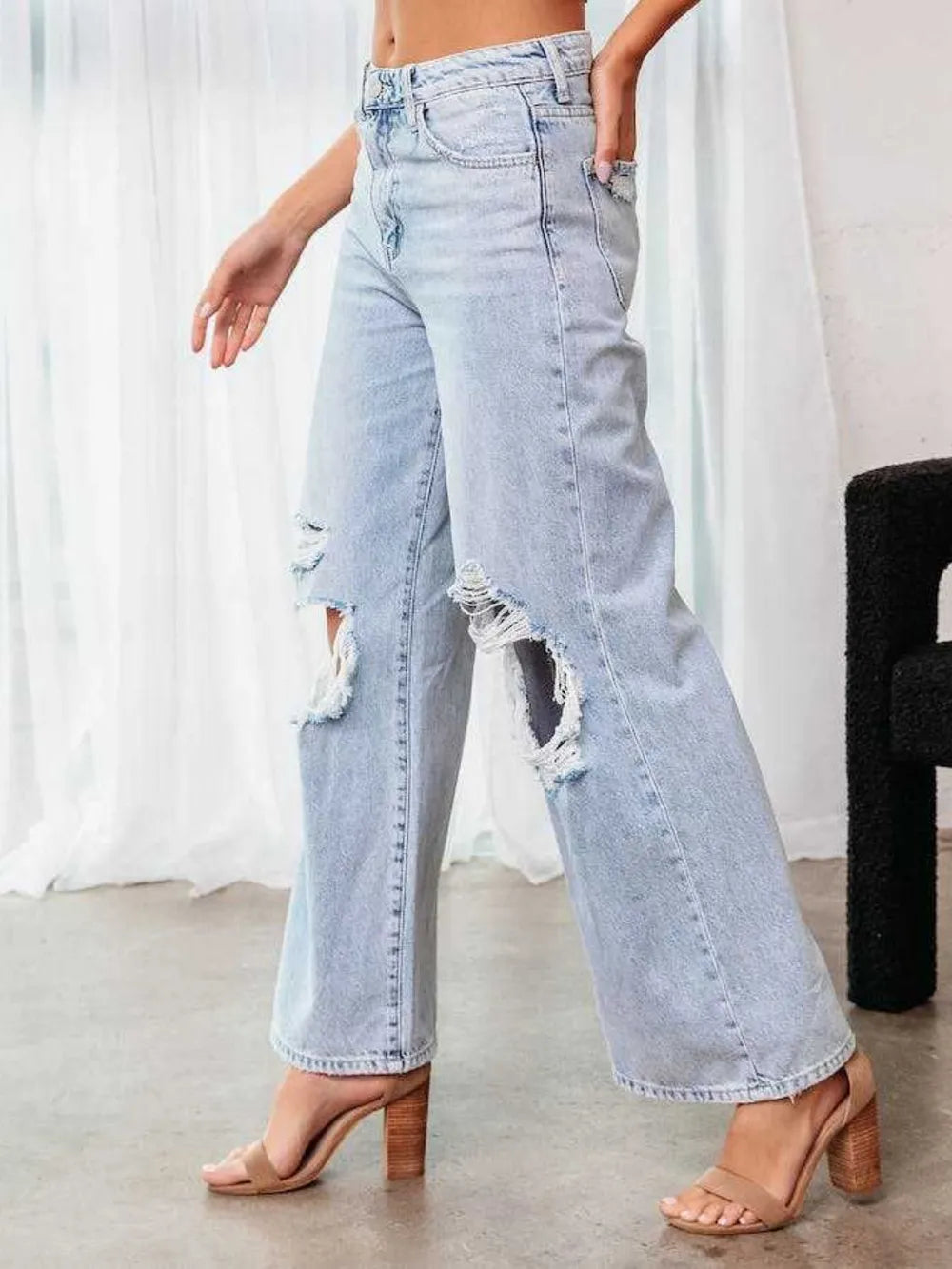 Distressed Wide Leg Jeans with Pockets - Harajuku Style