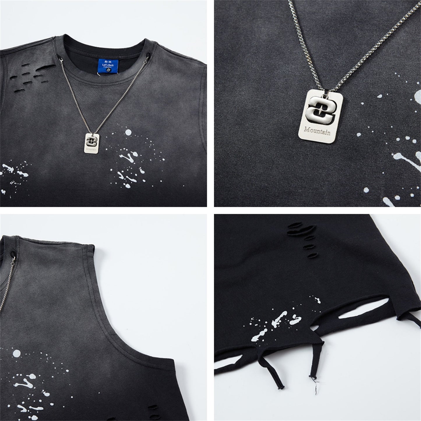 Style Printed Water-Washed Splatter Ink Sleeveless T-Shirt