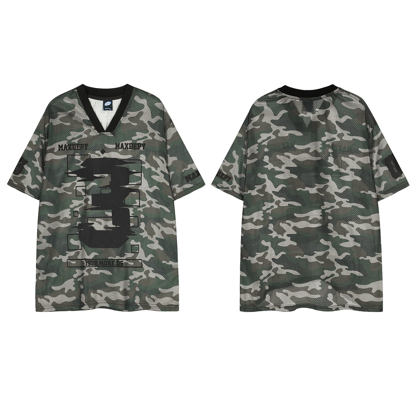Retro Camouflage V-Neck Mesh T-Shirt