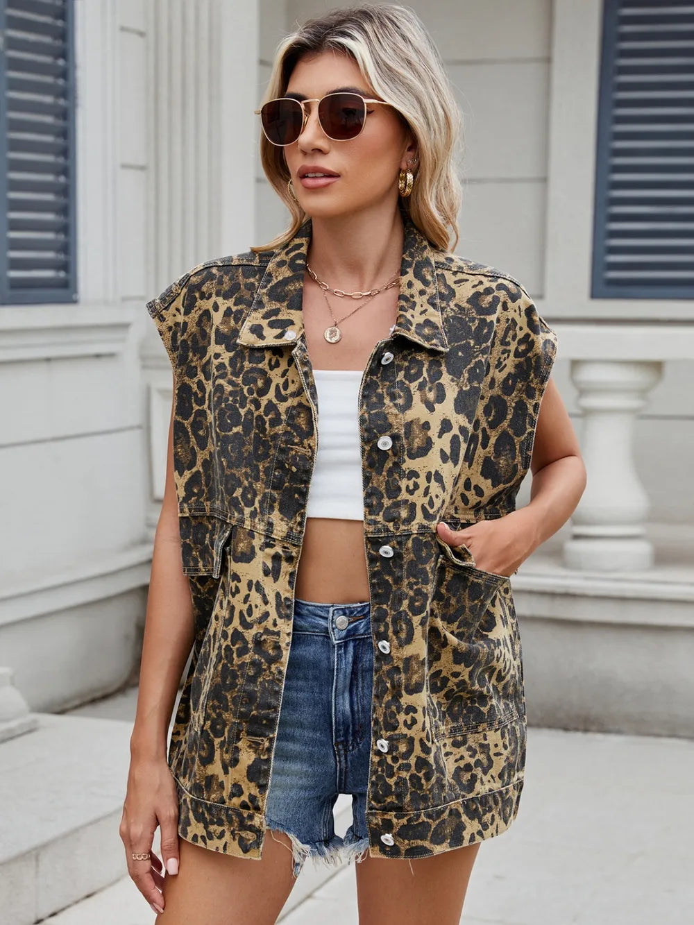 Leopard Button Up Denim Vest