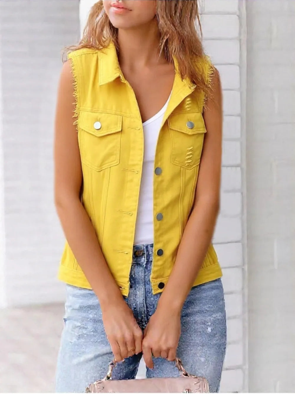 Button Down Raw Hem Sleeveless Denim Jacket Plus Size