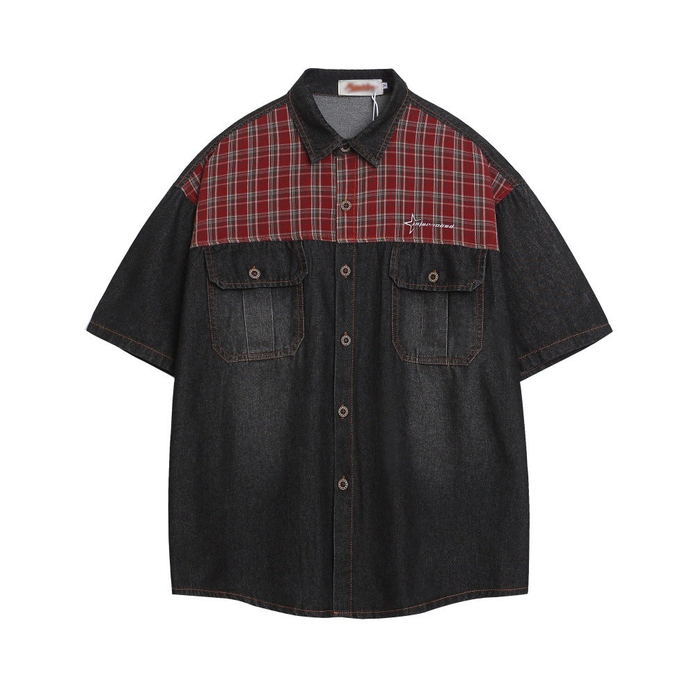 Punk Vintage Washed Denim Shirt with Color Block Plaid Collar