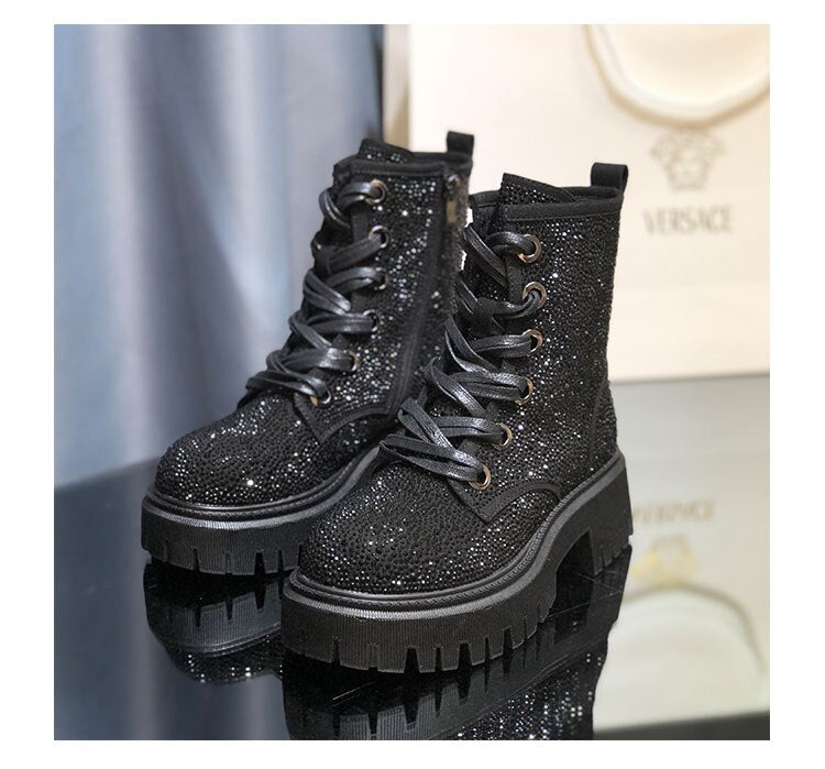 Gold Harajuku Style Rhinestone Boots - Thick Bottom Design