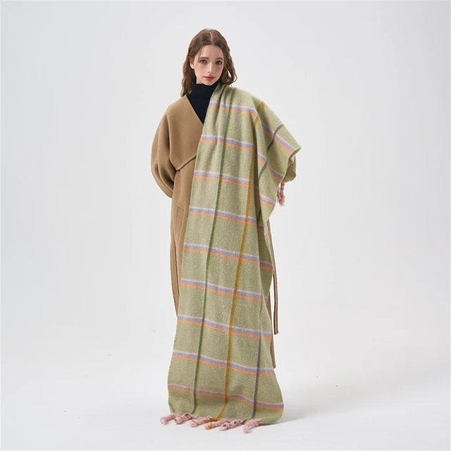 Dopamine Pink Plaid Knotted Tassel Scarf