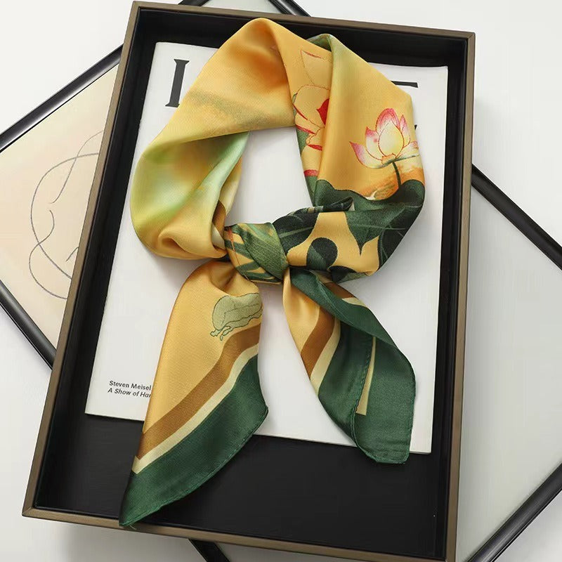 Elegant Silk Lotus Square Scarf - Harajuku Style Headwear