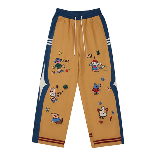 Fun Cartoon Embroidery Color Block Drawstring Casual Pants