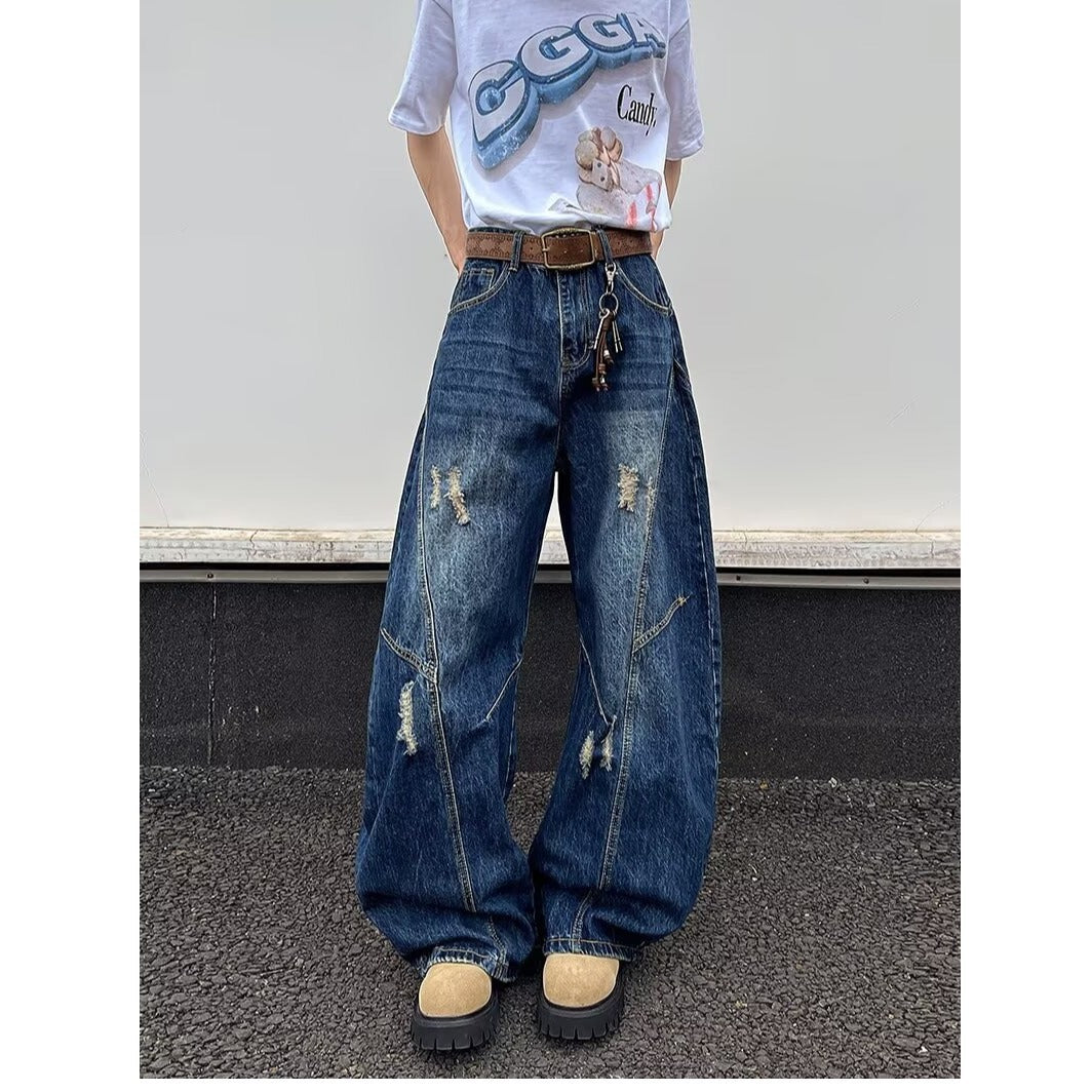 Deep Blue Wide Leg Ripped Denim Knife Pants